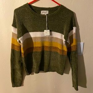 Poof apparel super soft women’s medium green, gold and white, brown sweater. Nwt